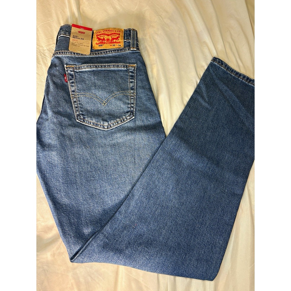 Levi's 505 Men's Blue Regular Fit Straight Stretch Denim Jeans Mid Rise NWT